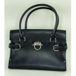 SALVATORE FERRAGAMO BLACK LEATHER HANDBAG, ser. no. AQ-21 4**2, 33cm x 24cm d Comments: tarnishing