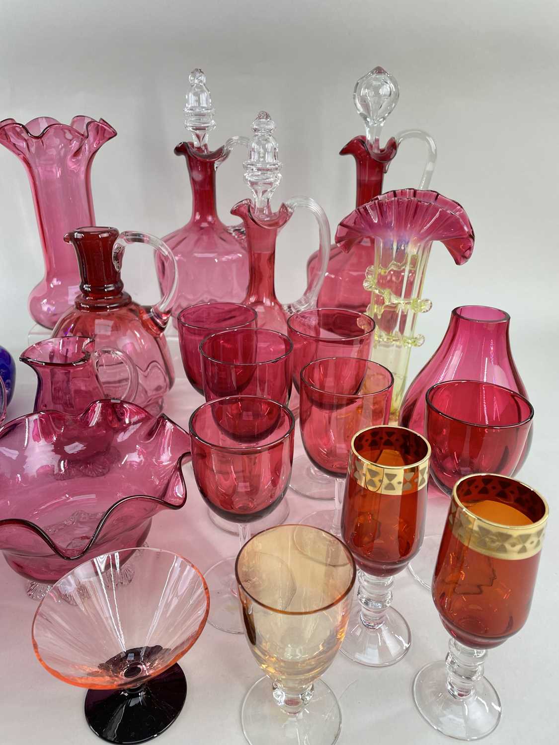 ASSORTED VICTORIAN COLOURED GLASSWARE, including three cranberry decanter jugs and stoppers, pair - Image 2 of 5