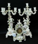 PAIR GERMAN PORCELAIN FIGURAL 5-LIGHT CANDELABRA, modelled with lady and gallant in 18th C dress,