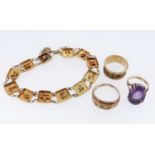 ASSORTED JEWELLERY comprising 9ct gold three stone diamond ring, 9ct gold dress ring set with semi-