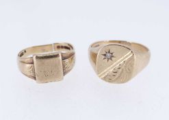 TWO 9CT GOLD SIGNET RINGS, one engraved and set with tiny diamond, the other cut, 10.9gms gross (