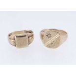 TWO 9CT GOLD SIGNET RINGS, one engraved and set with tiny diamond, the other cut, 10.9gms gross (