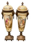 CONTINENTAL PORCELAIN & METAL LIDDED VASES with lion drop handles, 48cms H