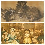 VICTORIAN PASTEL - study of a recumbent retriever with game and a comical colourful print titled 'Mr