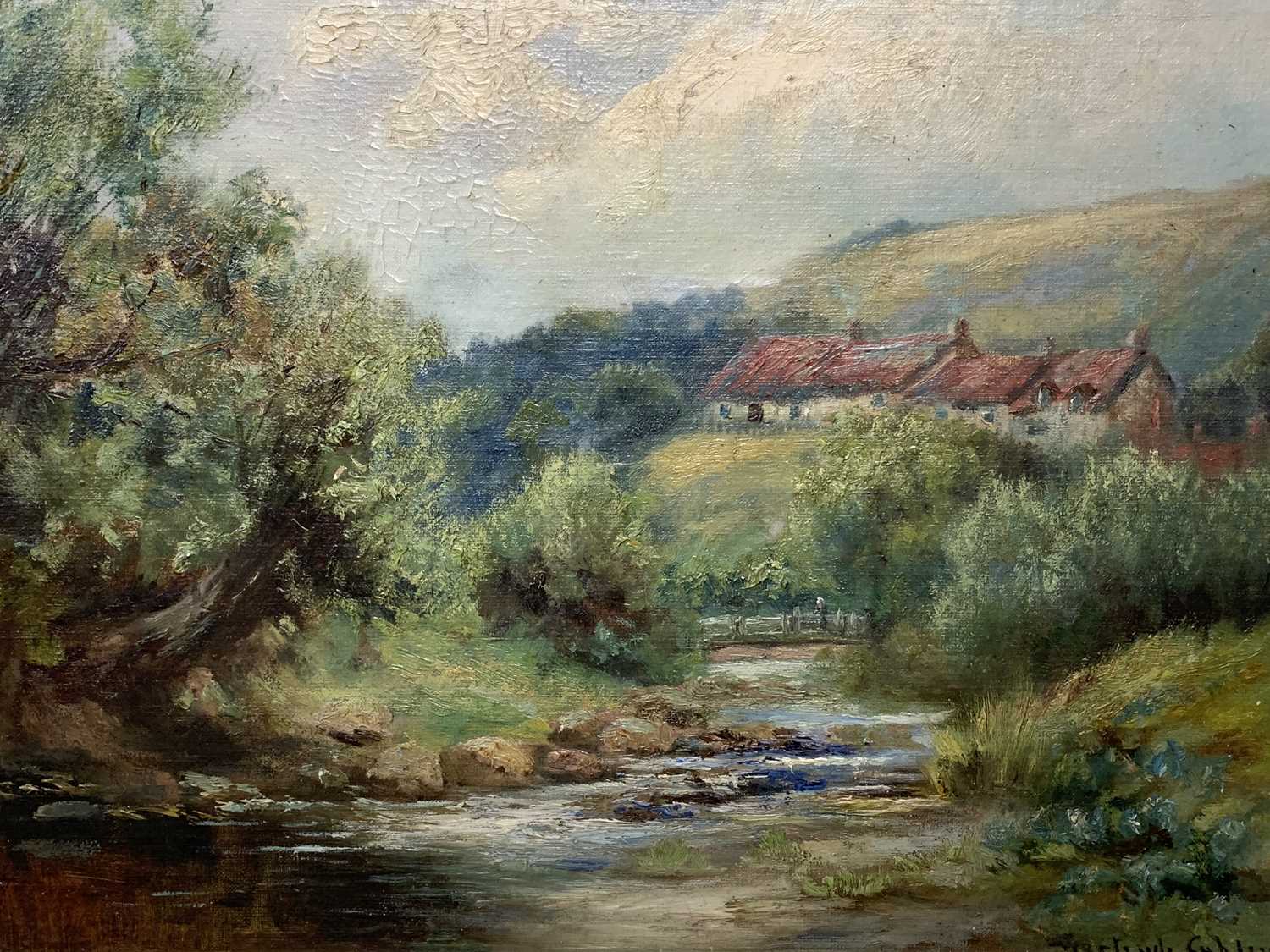 GERTRUDE CUBLEY (wife of Henry Hadfield Cubley) oil on board - River Scene with red roofed