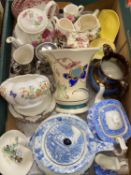 A HONNITON DEVON CREAM GROUND FLORAL WALL VASE and a parcel of mixed teapots, jugs and pottery, ETC