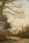 UNSIGNED OIL ON BOARD - depicting a frosty morning with two blackbirds by a gate, 44 x 29.5cms