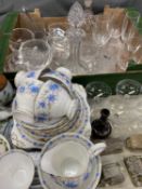 MIXED GLASSWARE, a large parcel including champagne saucers, two decanters and drinking ware and