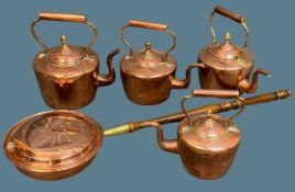 COPPERWARE - antique copper kettles (4), all with acorn knops, 33cms the tallest and a long-