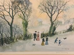 HELEN BRADLEY print - Figures strolling in a snowy field, signed in pencil with blind stamp, 30 x