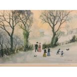 HELEN BRADLEY print - Figures strolling in a snowy field, signed in pencil with blind stamp, 30 x