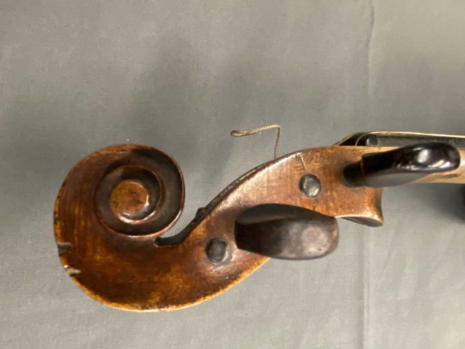 ANTIQUE VIOLIN - in hard case with a bow, length of back 36cms, length in full 60cms - Image 9 of 11