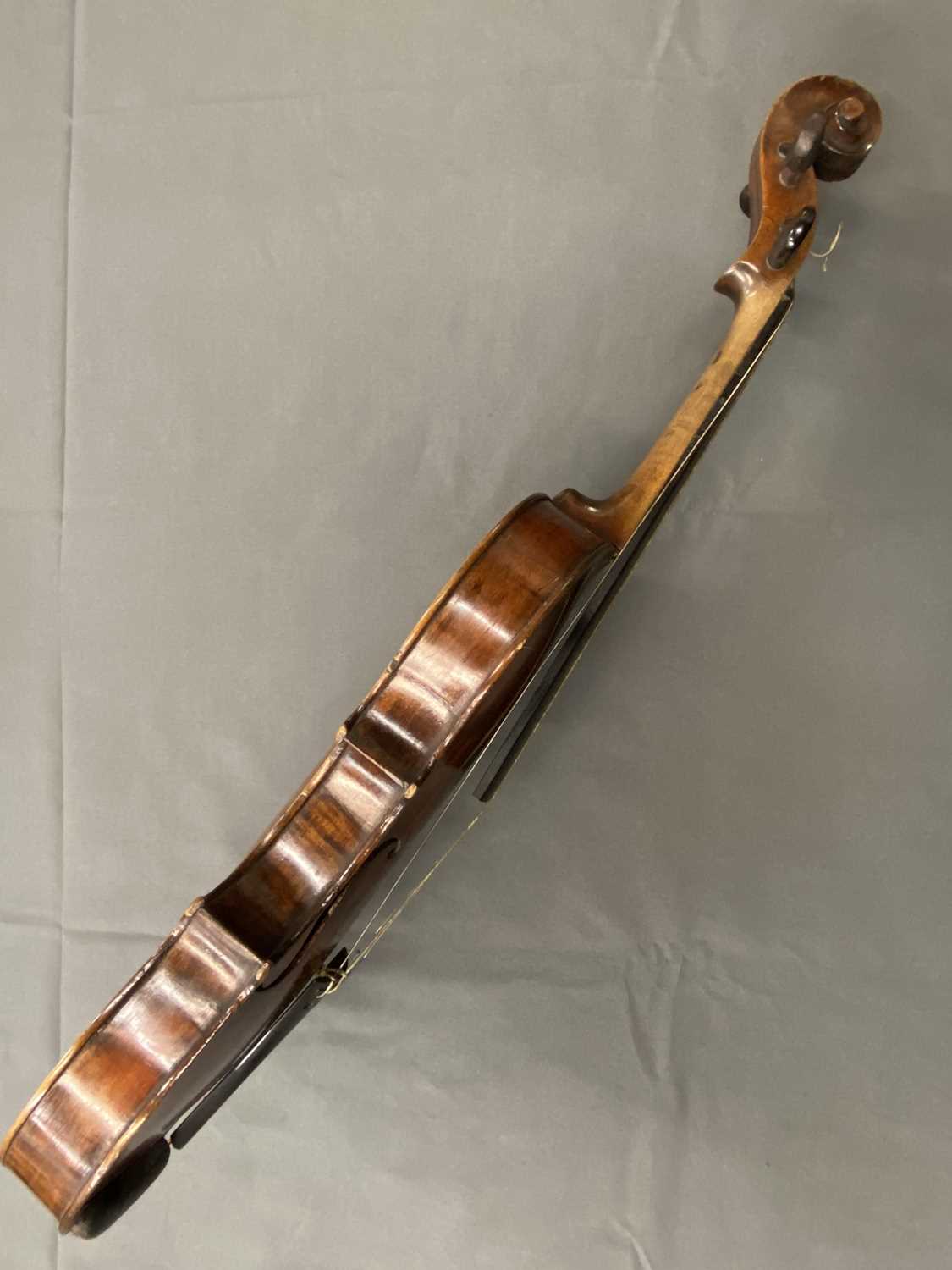 ANTIQUE VIOLIN - in hard case with a bow, length of back 36cms, length in full 60cms - Image 7 of 11