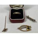 9CT GOLD & OTHER JEWELLERY (4 items) to include a wishbone brooch set with blue stone, heart