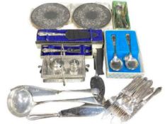 A BOX OF MIXED ELECTROPLATED CUTLERY - some in presentation boxes and a parcel of silver handled