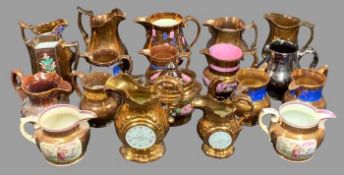 COPPERLUSTRE - a collection of various jugs, teapots, ETC.  Also, two copperlustre clock jugs and