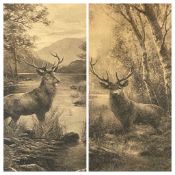 ERNEST WALBOURN black and white prints - highland stags, a pair in original oak frames, 54 x