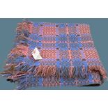 TRADITIONAL WELSH WOOLLEN BLANKET - with tasselled ends in pink, blue and brown, 220 x 200cms