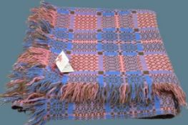 TRADITIONAL WELSH WOOLLEN BLANKET - with tasselled ends in pink, blue and brown, 220 x 200cms