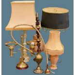 STYLISH & OTHER MODERN TABLE LAMPS WITH SHADES, a further brass example without shades and an