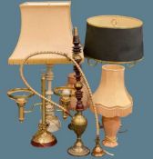 STYLISH & OTHER MODERN TABLE LAMPS WITH SHADES, a further brass example without shades and an