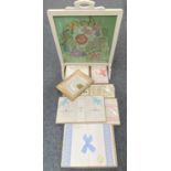 BOXED HOUSEHOLD LINEN, a quantity along with a needlework firescreen in a painted frame, 74cms H,