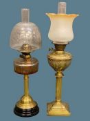 OIL LAMPS (2) - both with stepped bases, one circular and one square with reeded columns.  Square