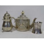 BIRMINGHAM HALLMARKED SILVER (3) to include an embossed bachelor teapot, 1897 with ivory knop to the