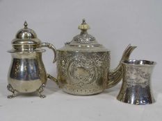 BIRMINGHAM HALLMARKED SILVER (3) to include an embossed bachelor teapot, 1897 with ivory knop to the