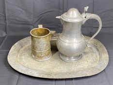 19TH CENTURY PEWTER - meat platter, 55 x 42cms, also, a pewter water jug, 30cms tall and a pewter