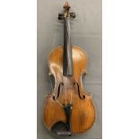 ANTIQUE VIOLIN - golden colour in hard case with two bows, length of back 36cms, length in full