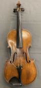 ANTIQUE VIOLIN - golden colour in hard case with two bows, length of back 36cms, length in full