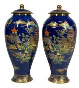 CARLTONWARE - Blue Royale Pagoda pattern lidded vases, a pair, 30cms tall