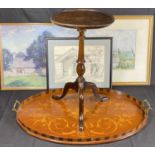 A LARGE OVAL MARQUETRY STYLE TRAY with end handles, a small reproduction mahogany circular topped