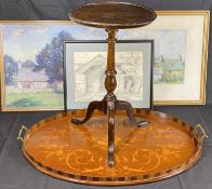 A LARGE OVAL MARQUETRY STYLE TRAY with end handles, a small reproduction mahogany circular topped