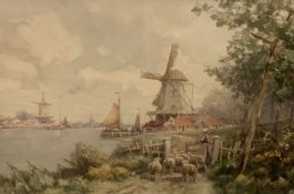 J R MILLER watercolour - Busy Dutch river scene with windmills, yachts and drover with sheep,