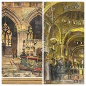 WATERCOLOUR STUDY - interior of a large church and a smaller pastel study similar, both unsigned, 52