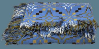 TRADITIONAL WELSH WOOLLEN BLANKET - with tasselled ends, multicoloured blue ground, 235 x 205cms