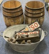 VINTAGE COOPERED BARRELS X 2, galvanised tin bath, vintage block planes, ETC, 60cms H the barrels,