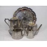 VICTORIAN BRIGHT CUT FOUR PIECE PLATED TEASET on a later circular tray