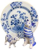 DELFT - mid 18th century plate (possibly Liverpool), 26cms diameter, a delft cat and a delft ram