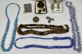 WEHRMACHT 4 YEARS SERVICE MEDAL, Tiger's eye and other necklaces, Victorian mourning style pendant