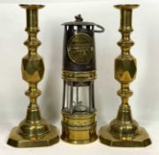 HAILWOODS VINTAGE MINER'S LAMP and a pair of Victorian brass Queen of Diamonds candlesticks, 25cm