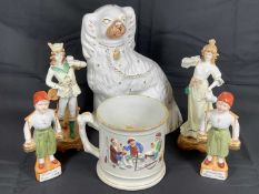 FROG TANKARD, continental figurines and a Staffordshire Comforter Dog