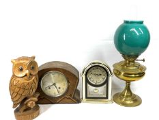 ART DECO MANTEL CLOCK, London Clock Company quartz example, carved wooden owl and a vintage brass