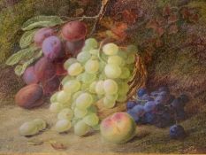 VINCENT CLARE watercolour - grapes, plums and a peach by a mossy bank, signed, 21 x 28cms