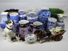 BLUE & WHITE DECORATED VASES (5) and a lidded tureen and cover along with a Doulton jardiniere,