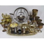 MIXED PLATED WARE including a commemorative 1977 Silver Jubilee goblet, three piece tea service