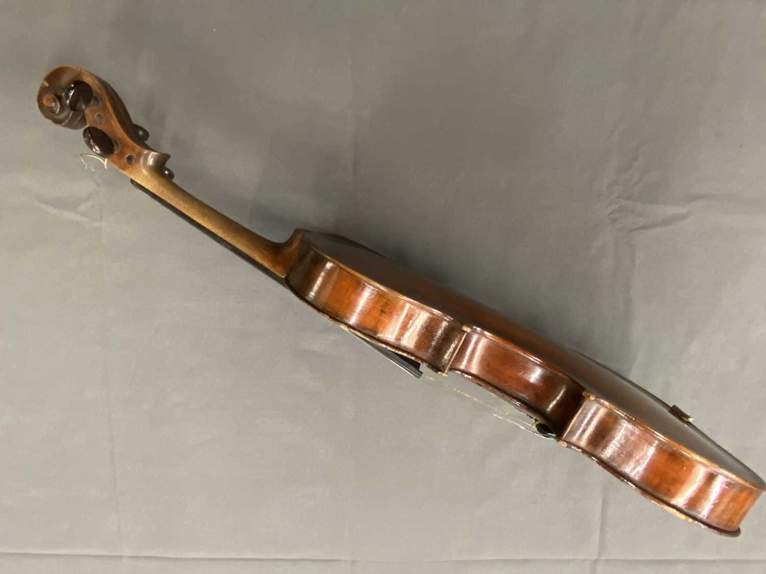 ANTIQUE VIOLIN - in hard case with a bow, length of back 36cms, length in full 60cms - Image 6 of 11