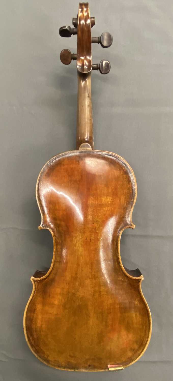 ANTIQUE VIOLIN - in hard case with a bow, length of back 36cms, length in full 60cms - Image 8 of 11